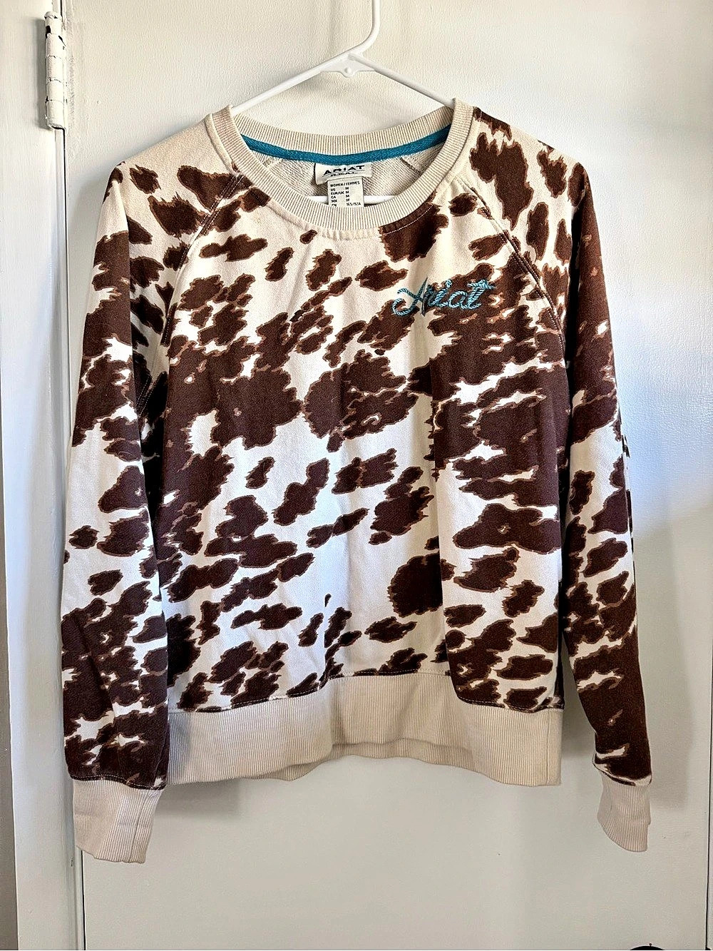 Ariat Real Cow Print Sweatshirt Brown Teal & Cream, Size Medium